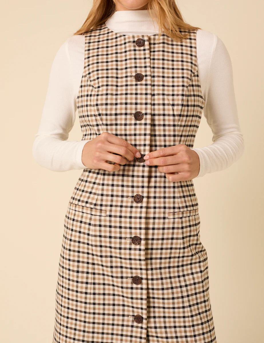 Beige Gingham Check Ellie Mini Pinafore Dress - Image 5