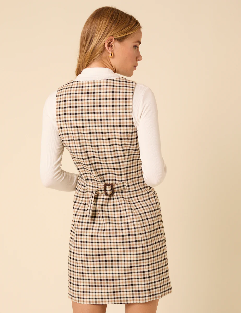 Beige Gingham Check Ellie Mini Pinafore Dress - Image 6