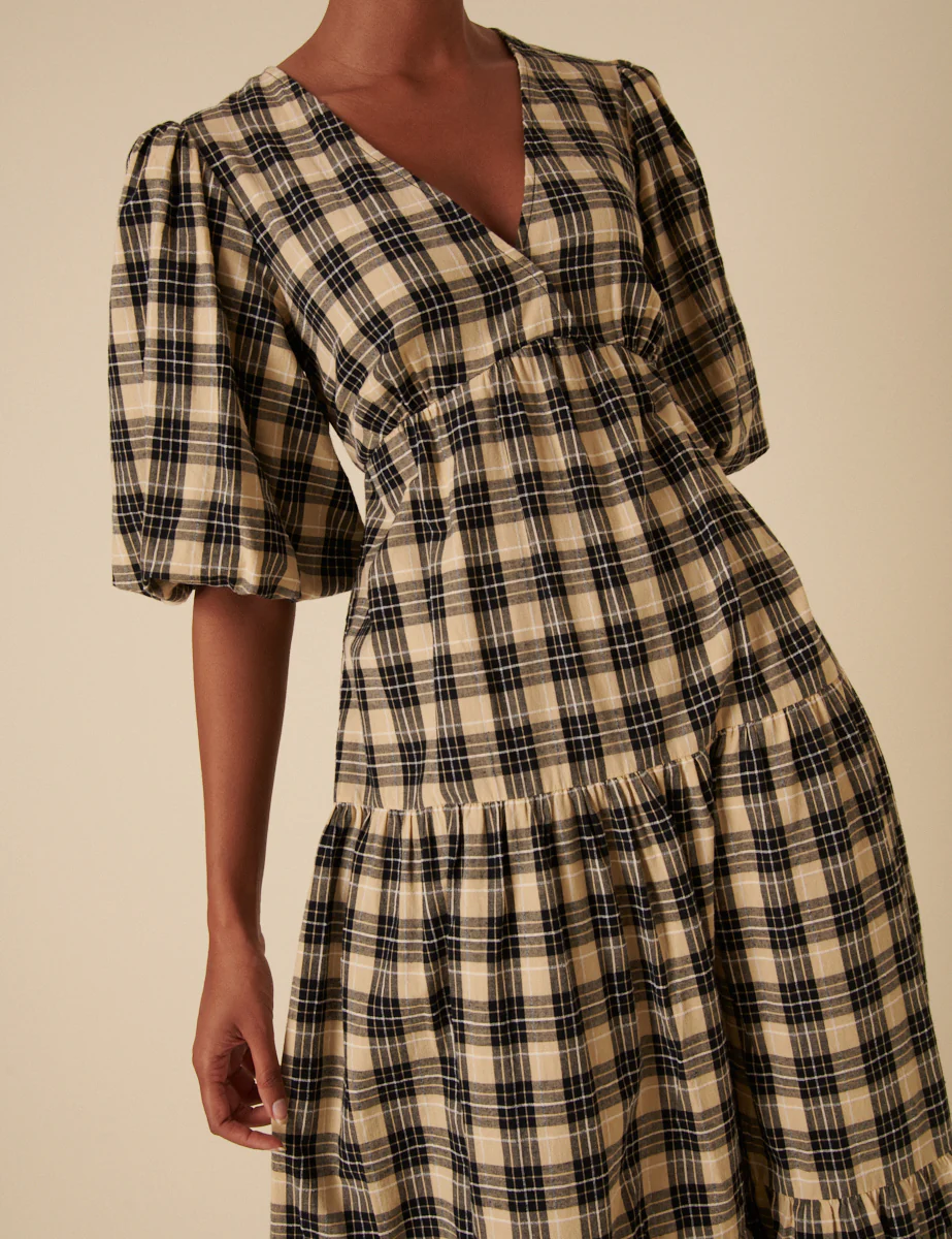 Black And Beige Check Puff Sleeve Tiered Roselena Midi Dress - Image 2