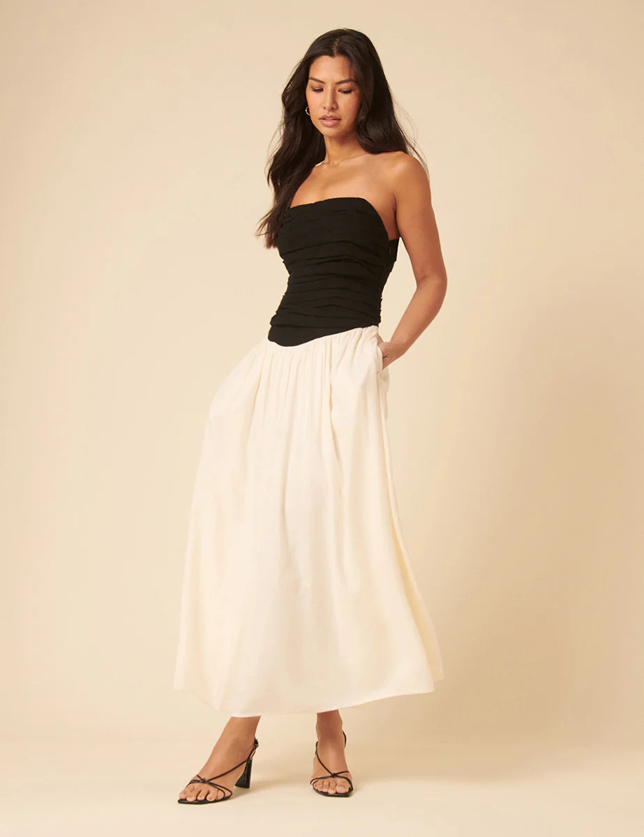 Black Bandeau Linen-blend Contrast Kendra Midi Dress - Image 4