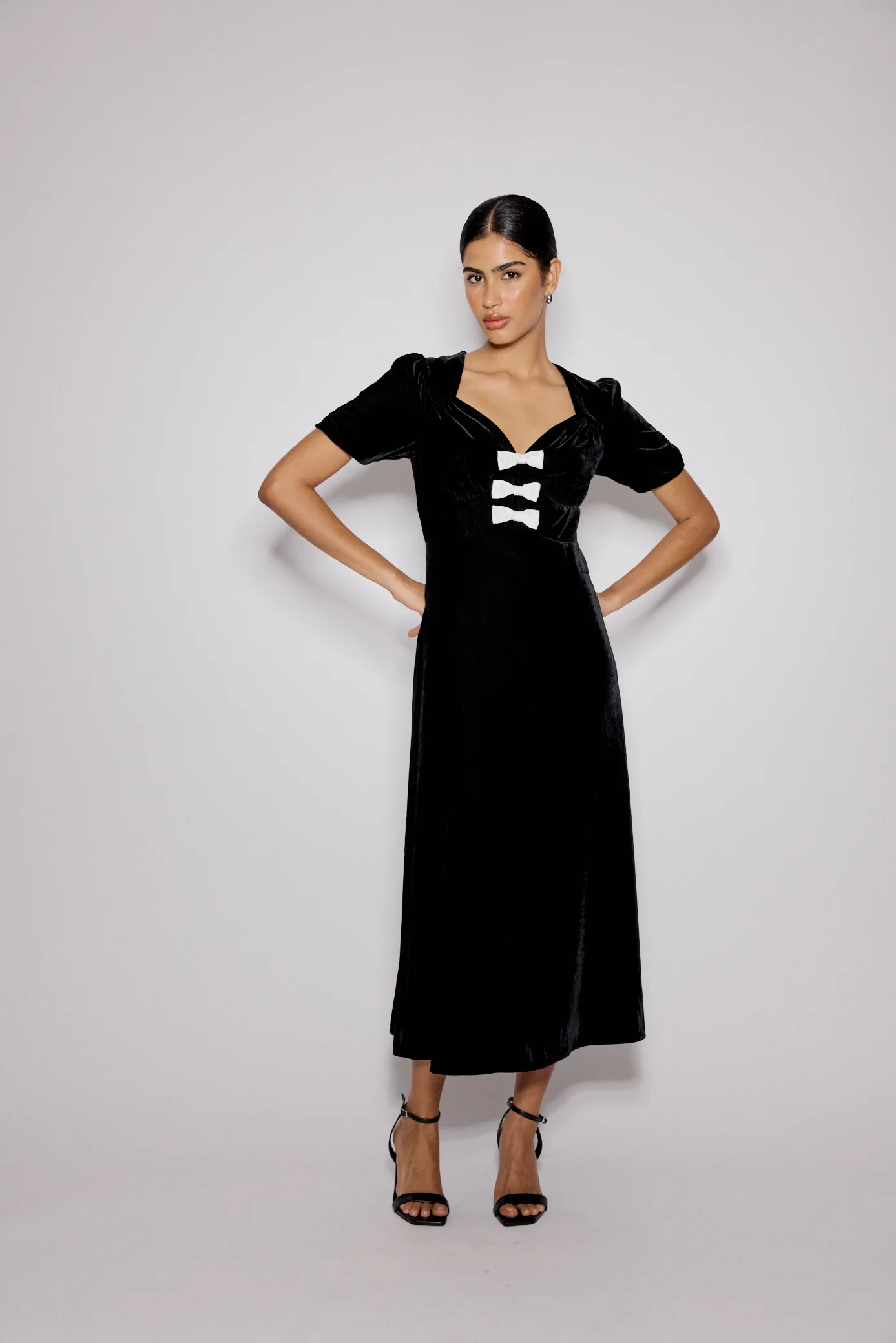 Black Bow Front Velvet Eleanor Midi Dress - Image 3
