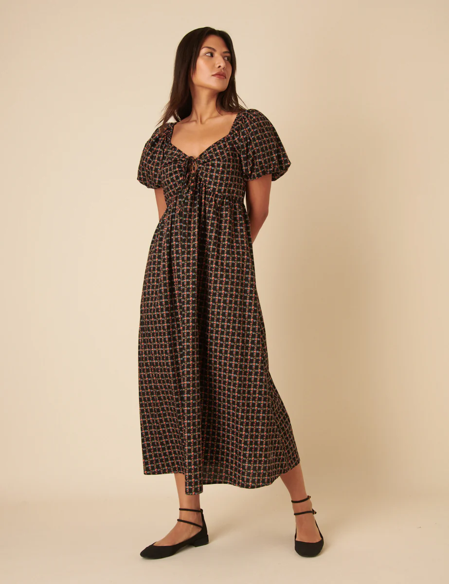 Black Floral Check Joanna Midi Dress - Image 3