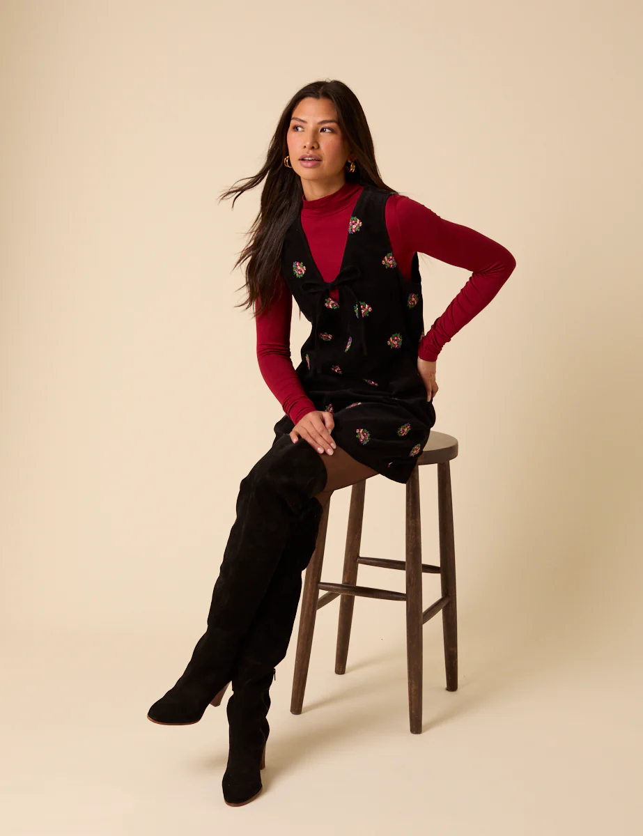 Black Floral Embroidered Cord Nila Pinafore Mini Dress - Image 6