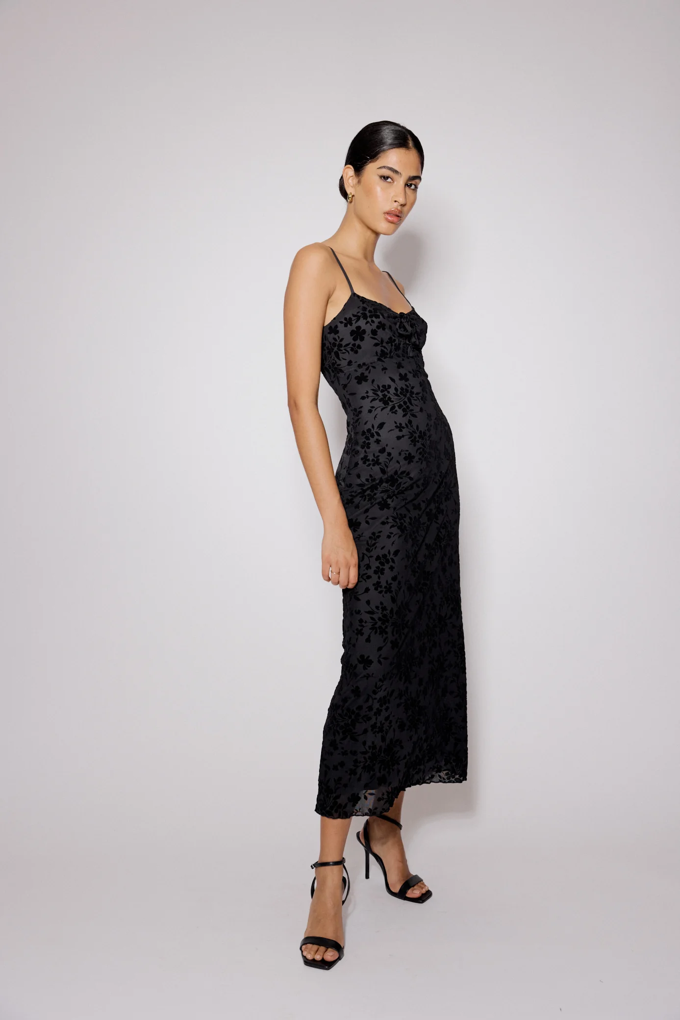 Black Floral Jacquard Velvet Stretch Mesh Midi Dress - Image 3