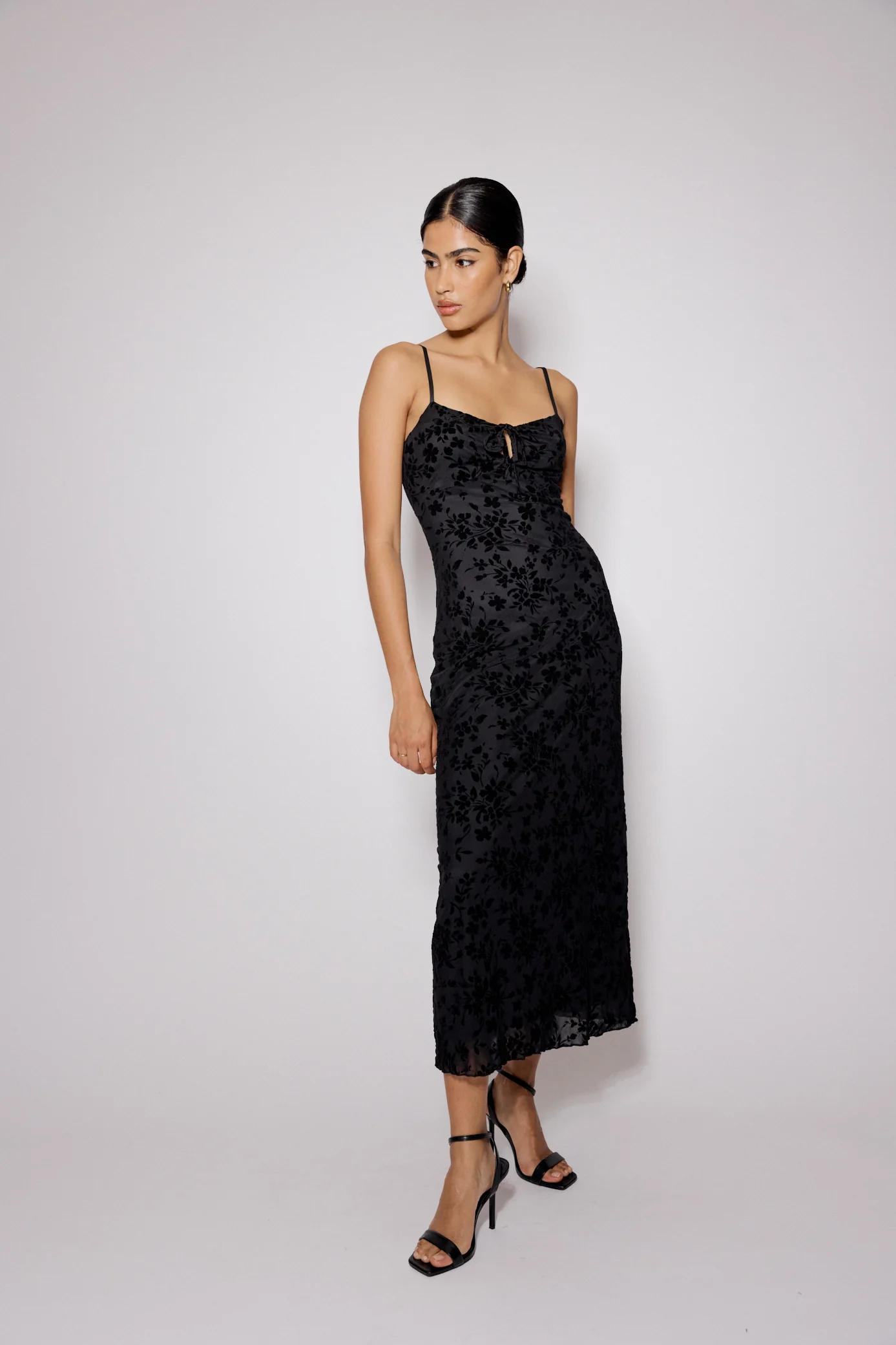 Black Floral Jacquard Velvet Stretch Mesh Midi Dress - Image 4