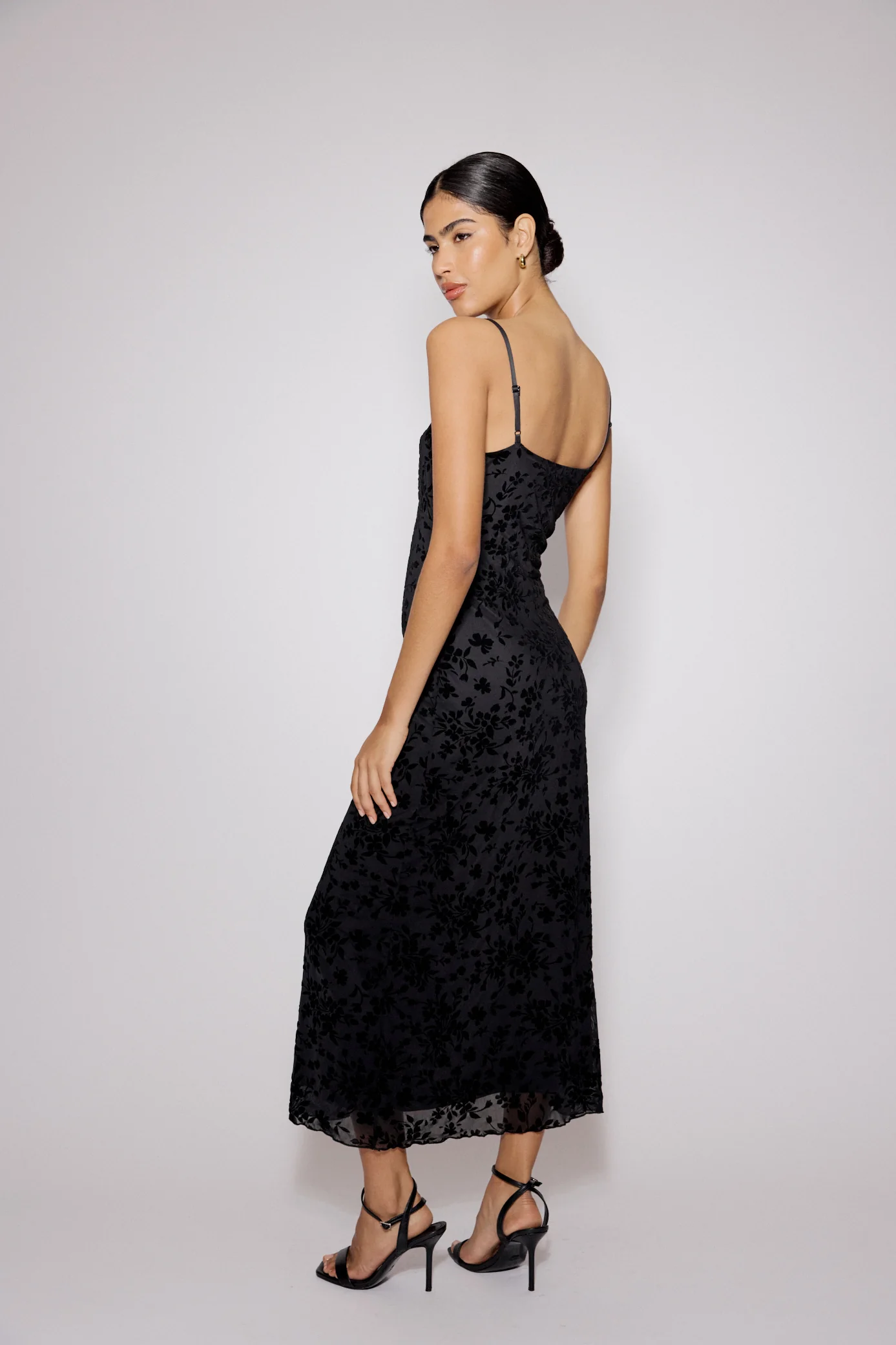 Black Floral Jacquard Velvet Stretch Mesh Midi Dress - Image 5