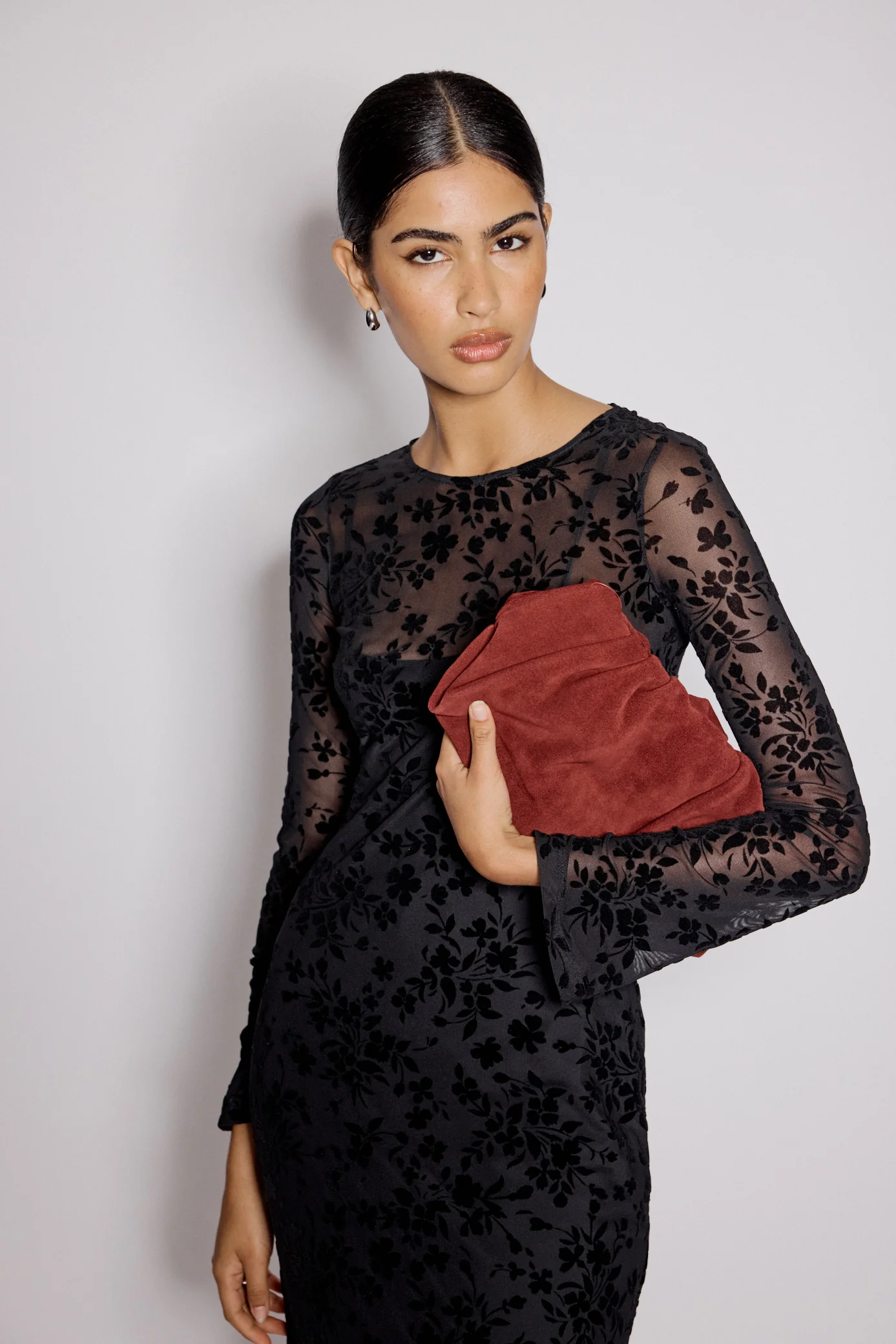 Black Floral Jaquard Velvet Stretch Mesh Midi Dress - Image 3