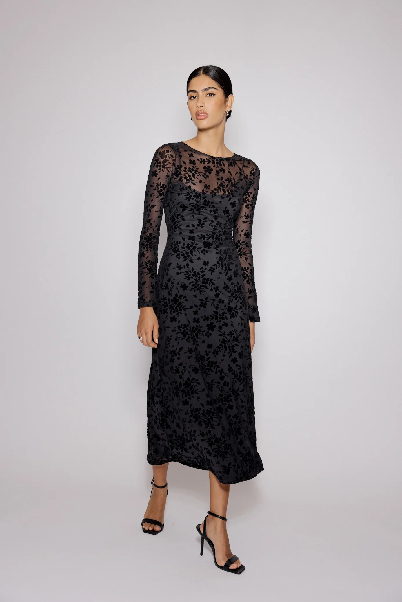 Black Floral Jaquard Velvet Stretch Mesh Midi Dress - Image 4