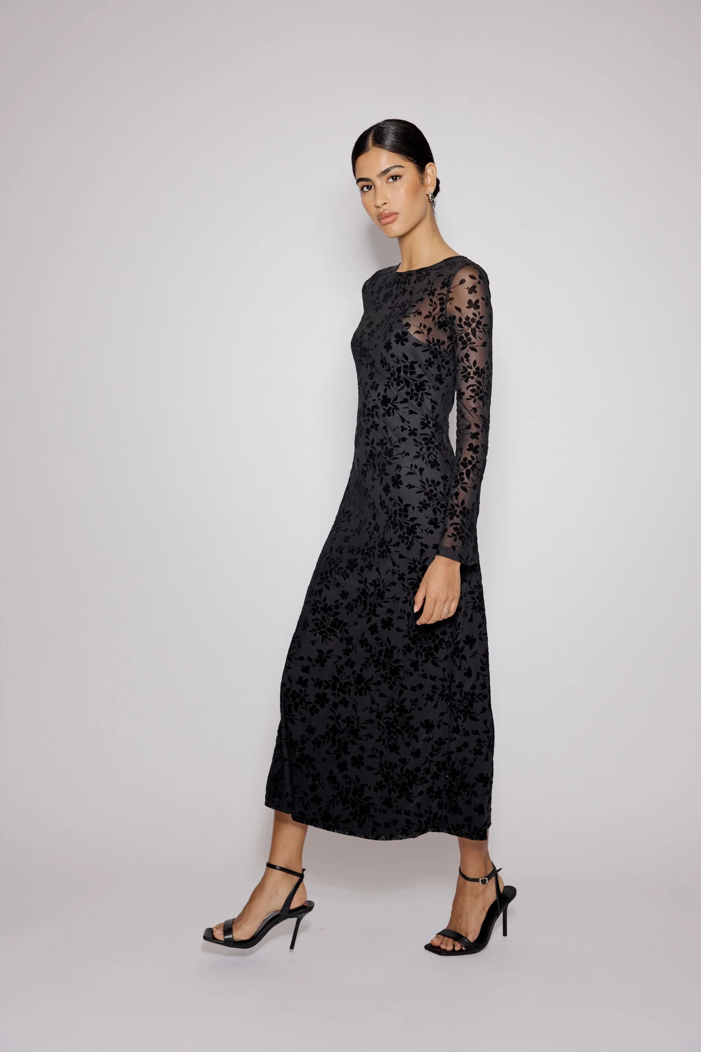 Black Floral Jaquard Velvet Stretch Mesh Midi Dress - Image 5