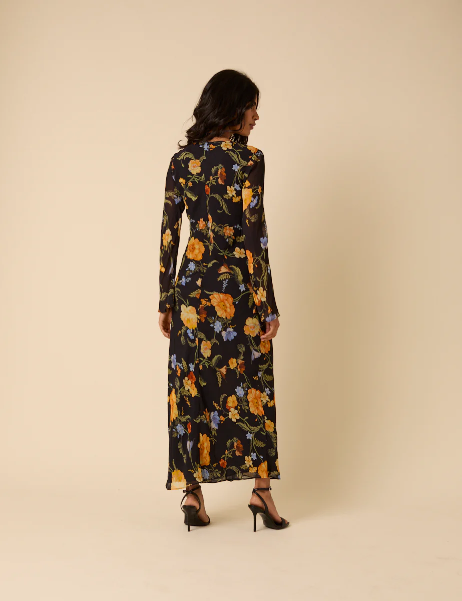 Black Floral Long Sleeve Clarissa Midi Dress - Image 6