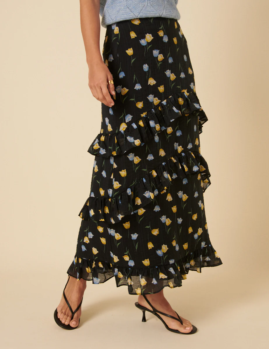Black Floral Ruffle Tiered Midi Skirt - Image 3