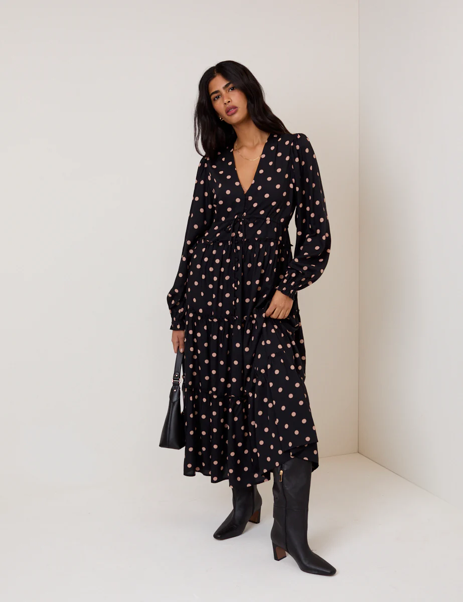 Black Polka Dot Balloon Sleeve Sofia Midi Dress - Image 3