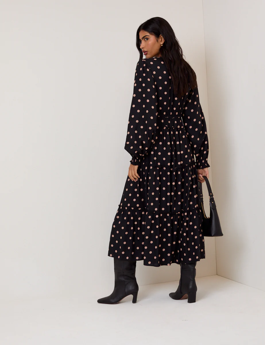 Black Polka Dot Balloon Sleeve Sofia Midi Dress - Image 6