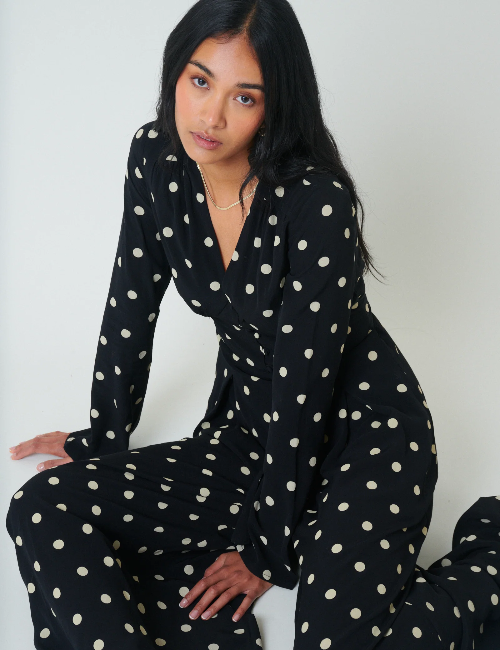 Black Polka Dot Long Sleeve Jumpsuit - Image 3