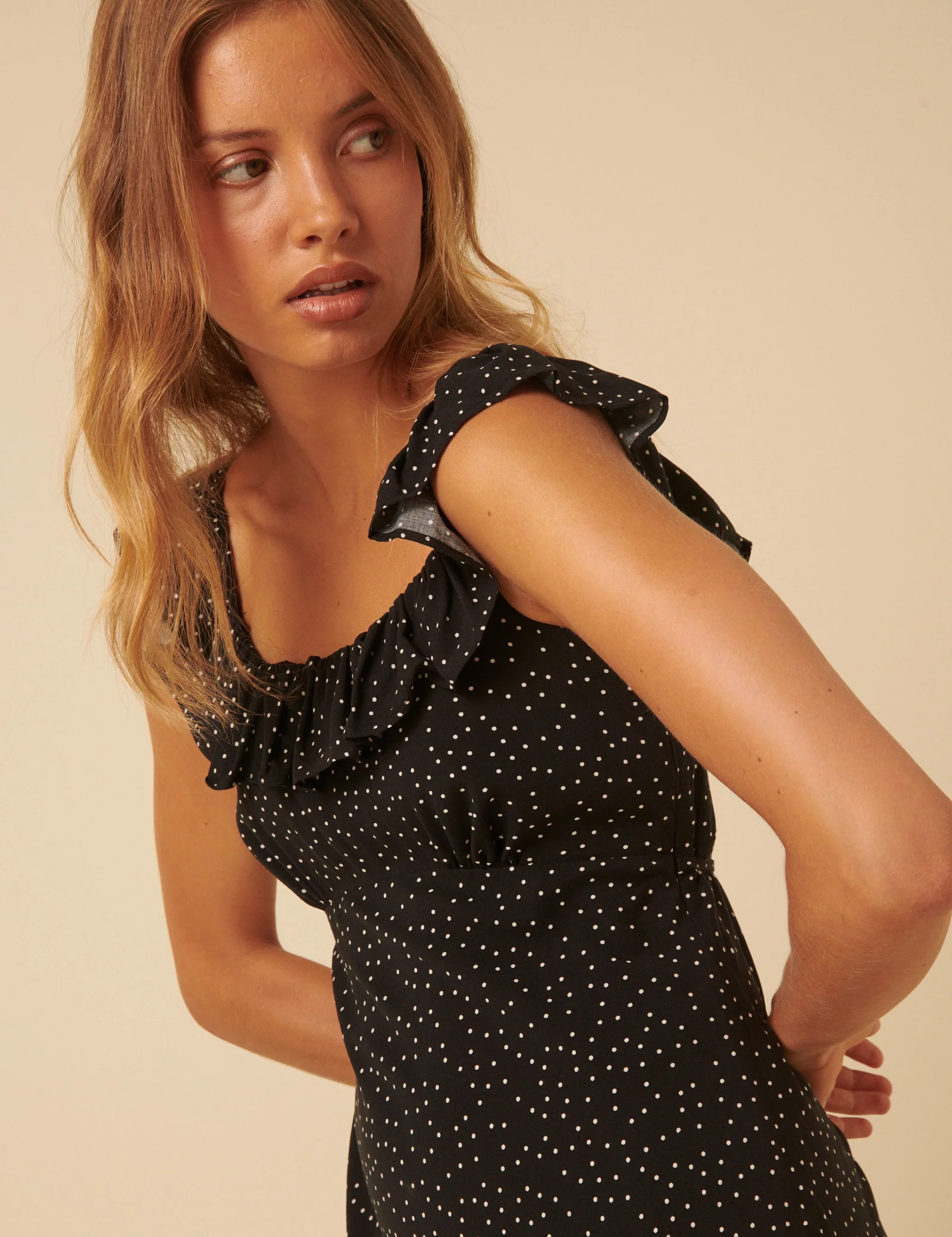 Black Polka Dot Round Neck Libby Midi Dress - Image 4