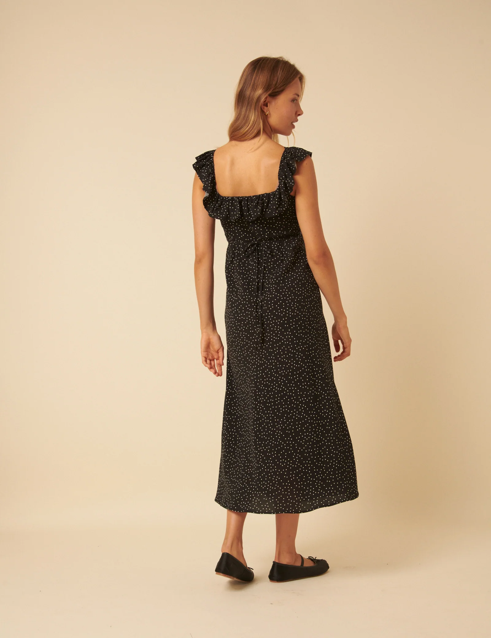 Black Polka Dot Round Neck Libby Midi Dress - Image 5