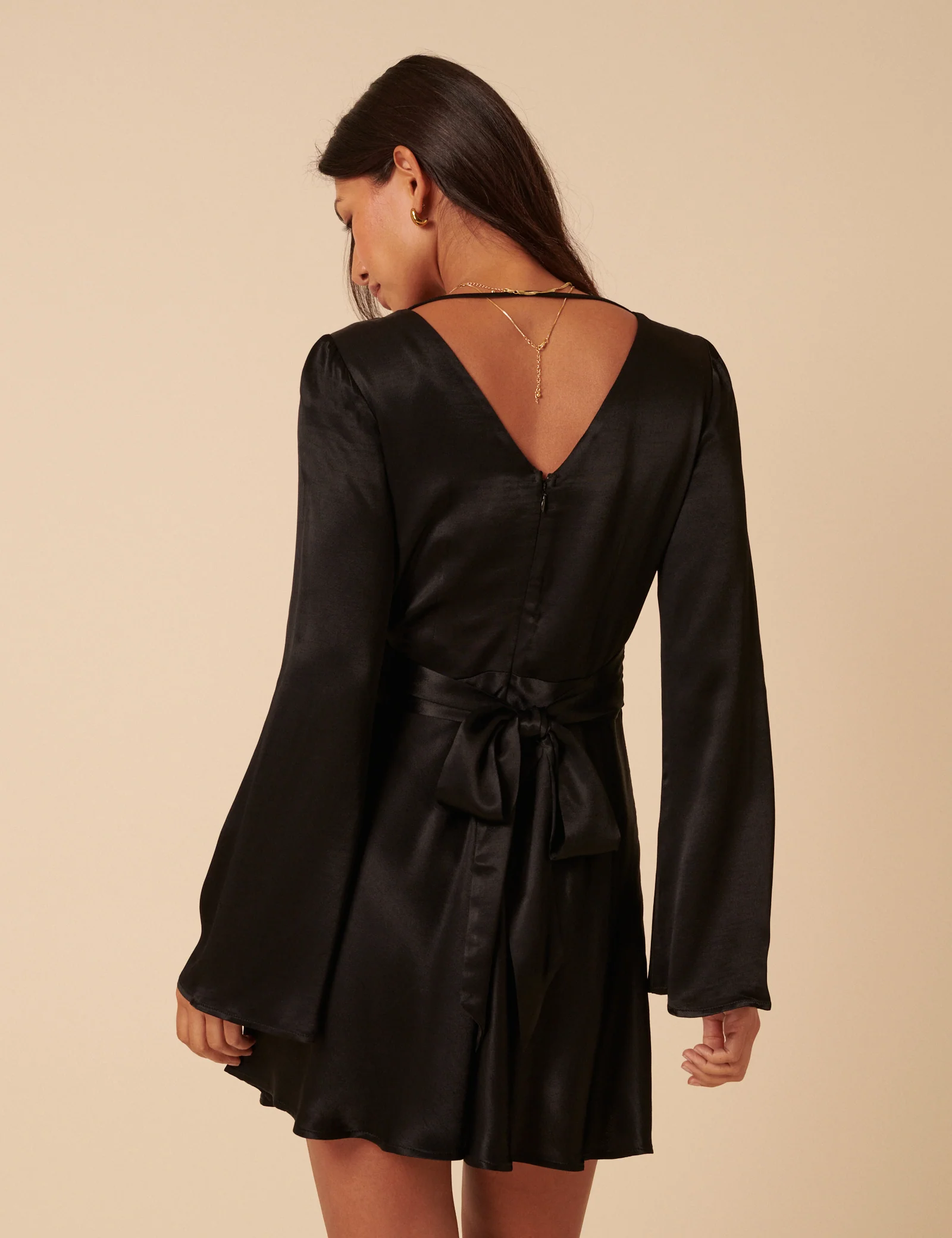 Black Satin Long Sleeve Stella Mini Dress - Image 3