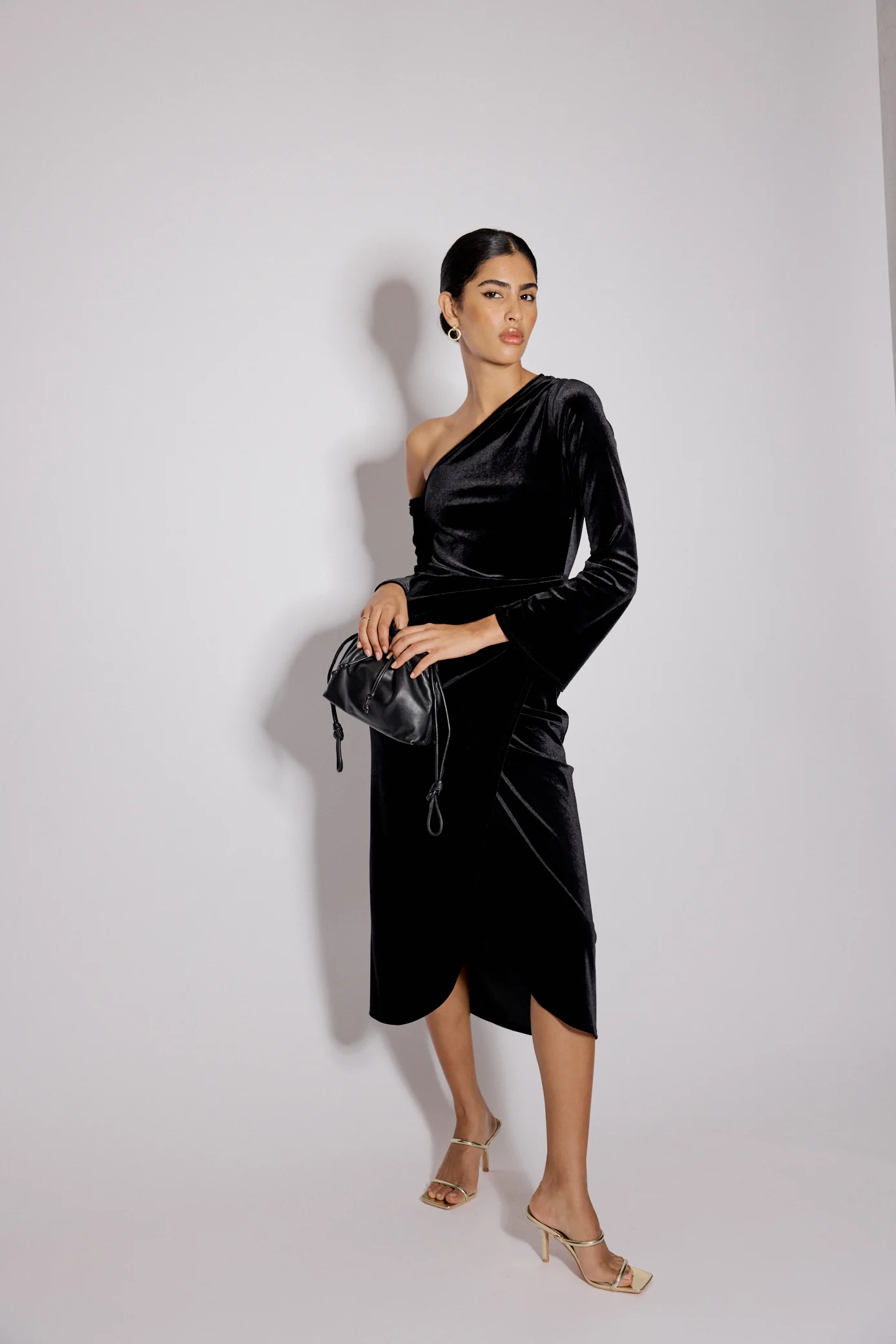 Black Velvet Asymmetric Virgo Midi Dress - Image 3