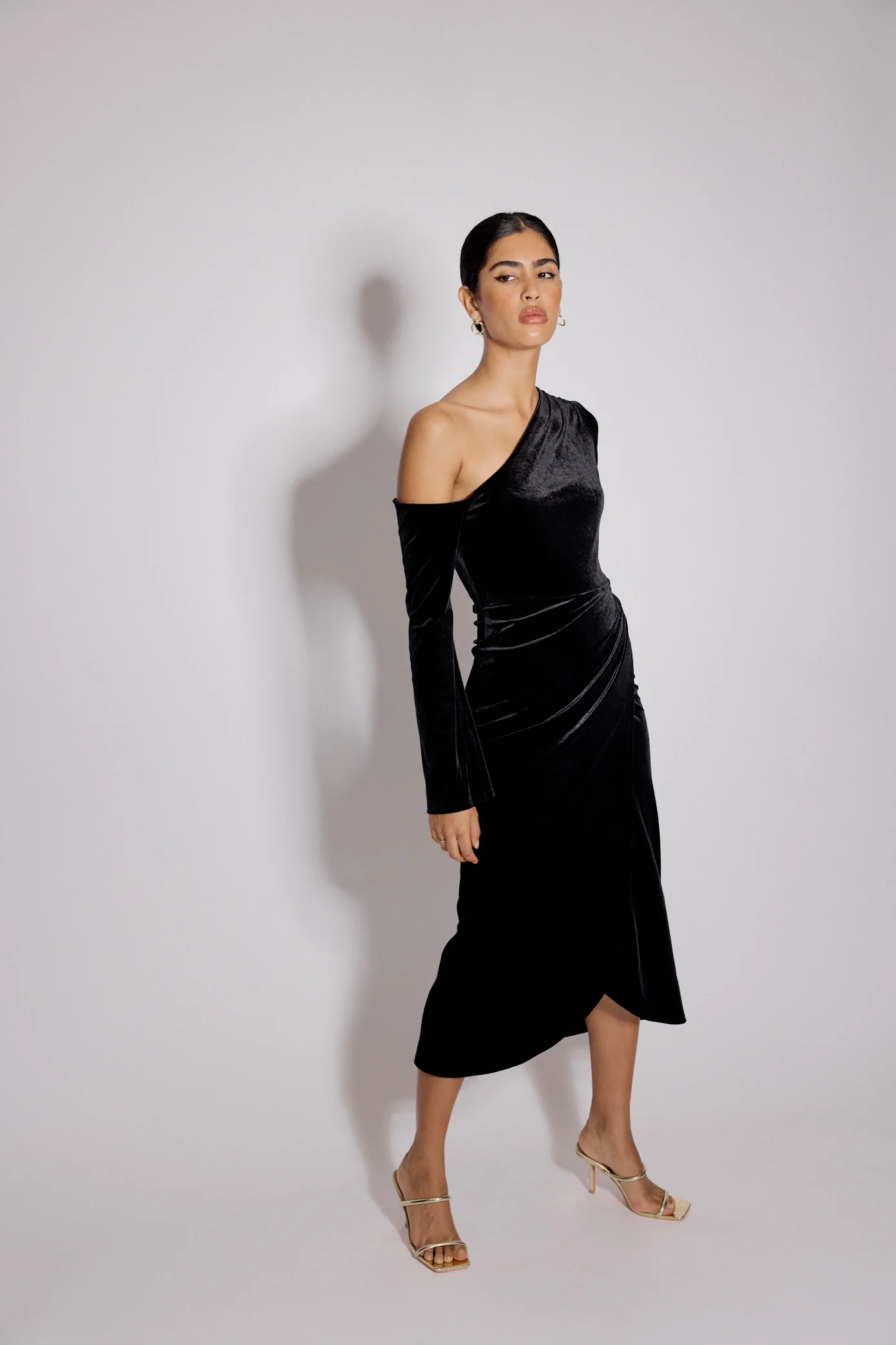 Black Velvet Asymmetric Virgo Midi Dress - Image 4