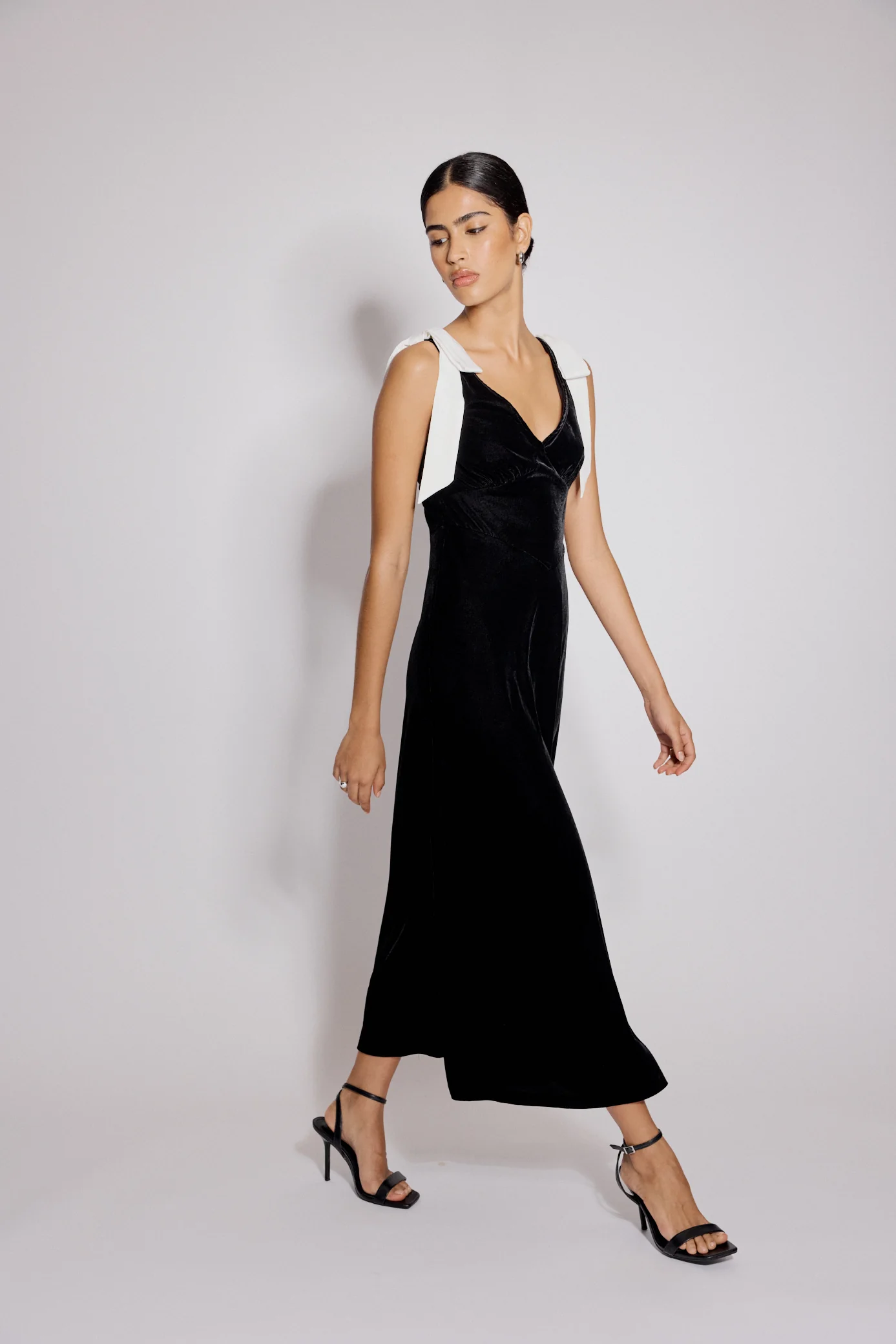 Black Velvet Bow Shoulder Lenka Midi Dress - Image 4