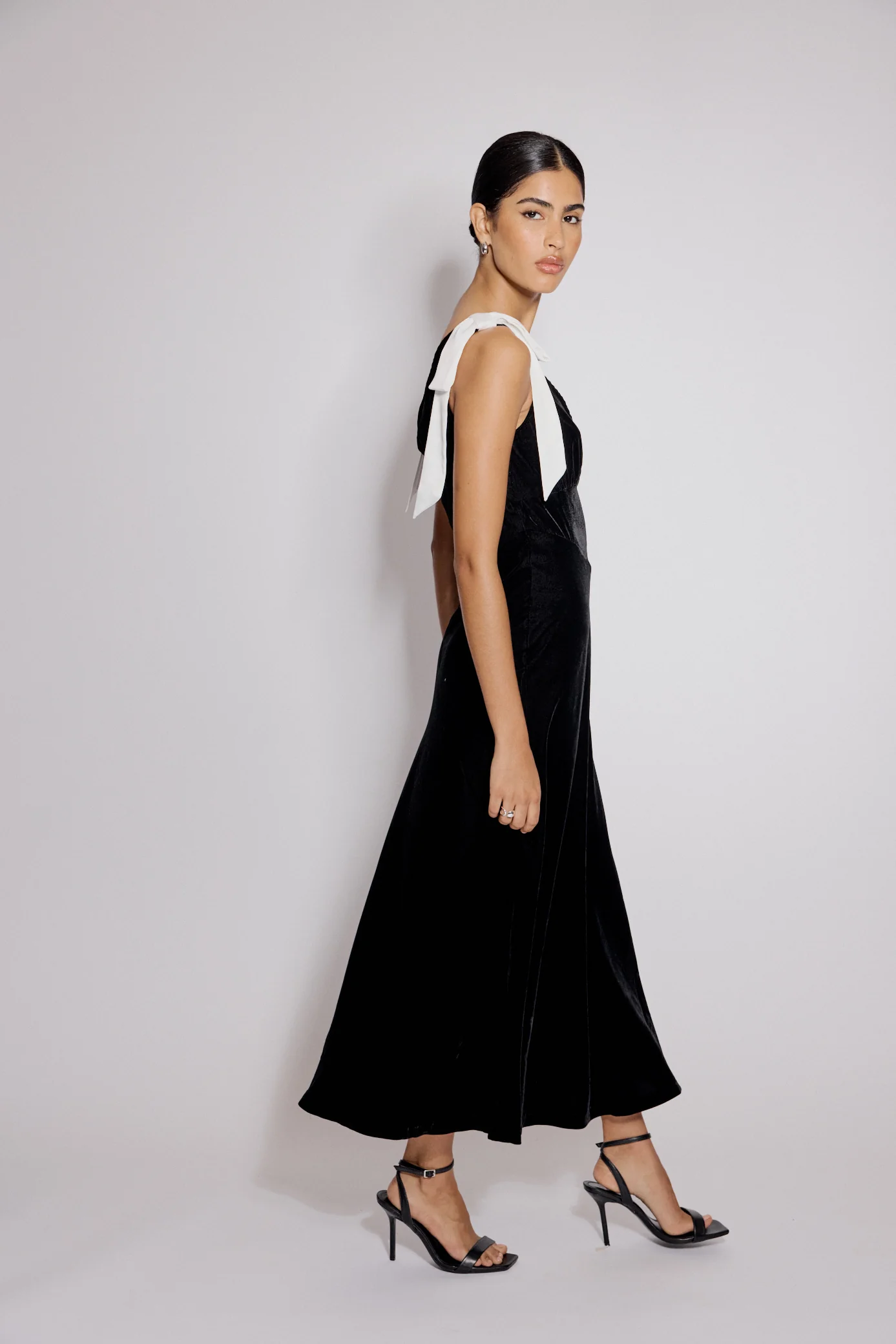 Black Velvet Bow Shoulder Lenka Midi Dress - Image 5