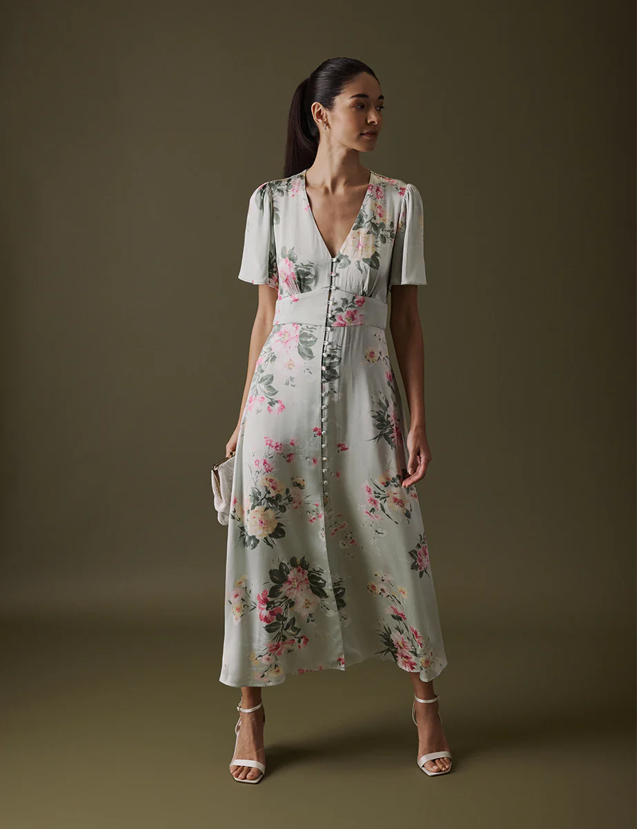 Floral Green V Neck Midi Erin Dress