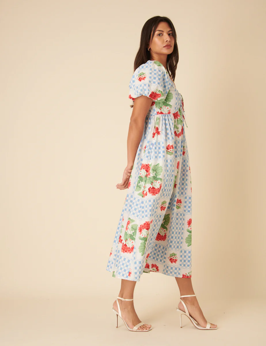 Blue Tile Print Floral Joanna Midi Dress - Image 4