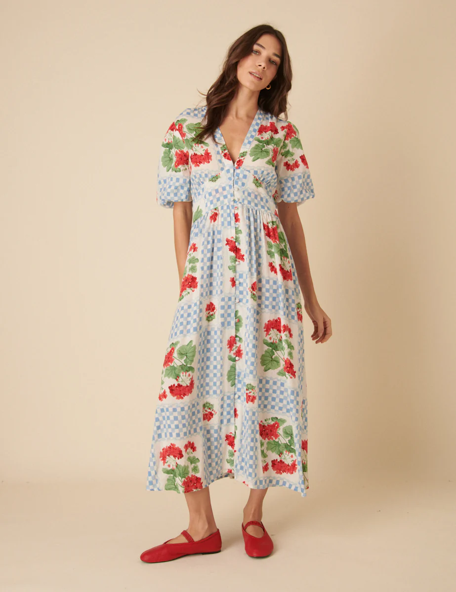 Blue Tile Print Floral Starlight Midi Dress - Image 3