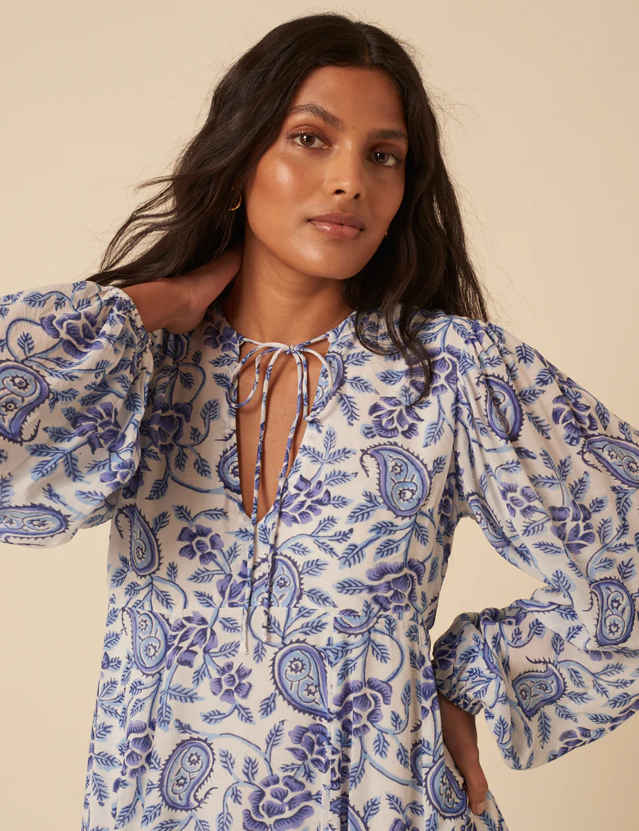 Blue Woodblock Printed Aries Midi Dress - Image 2