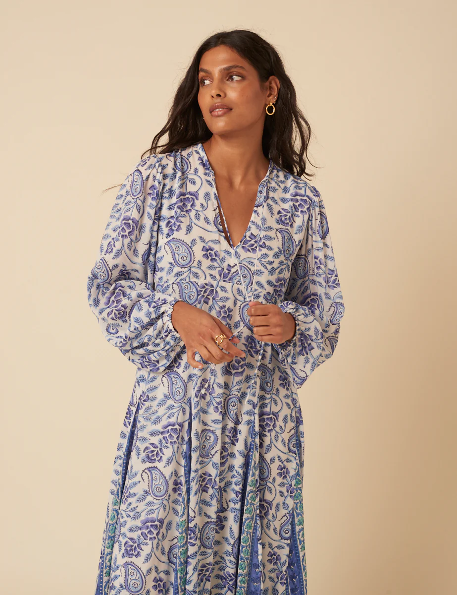 Blue Woodblock Printed Aries Midi Dress - Image 3