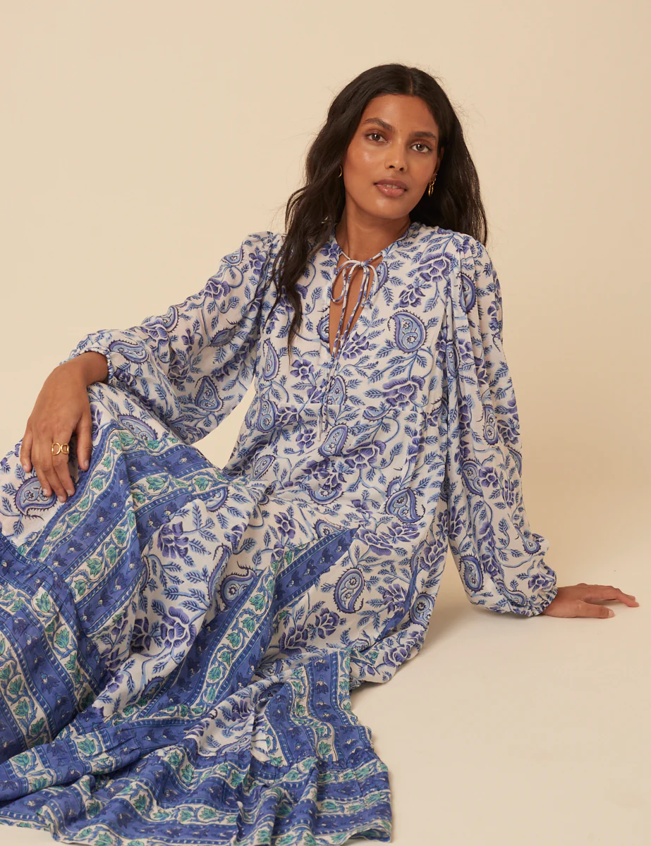 Blue Woodblock Printed Aries Midi Dress - Image 4