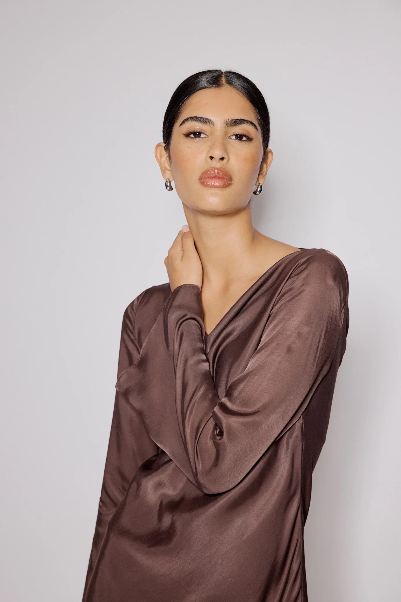 Brown Satin Cowl Neck Leighton Mini Dress - Image 3