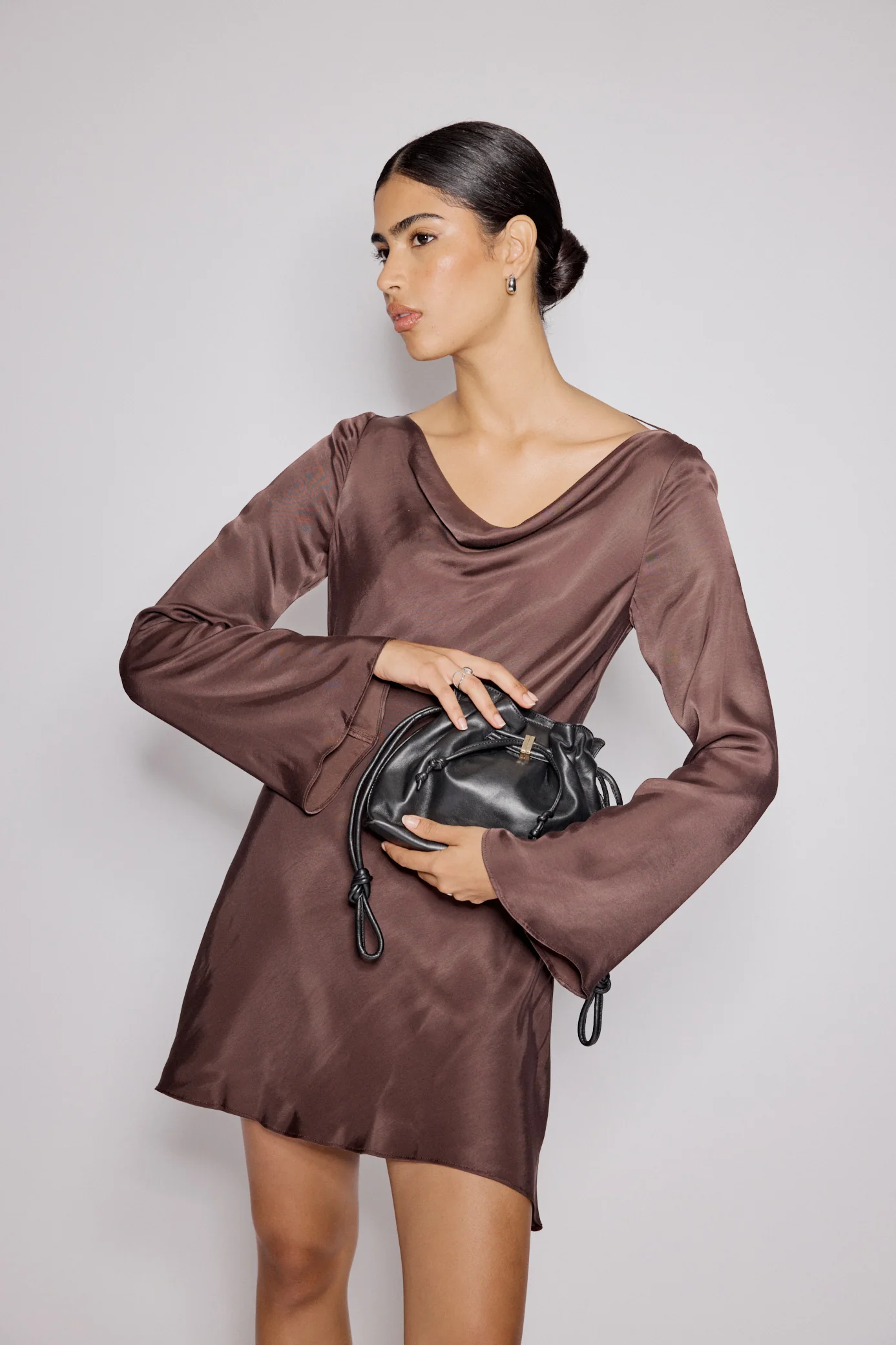 Brown Satin Cowl Neck Leighton Mini Dress - Image 4