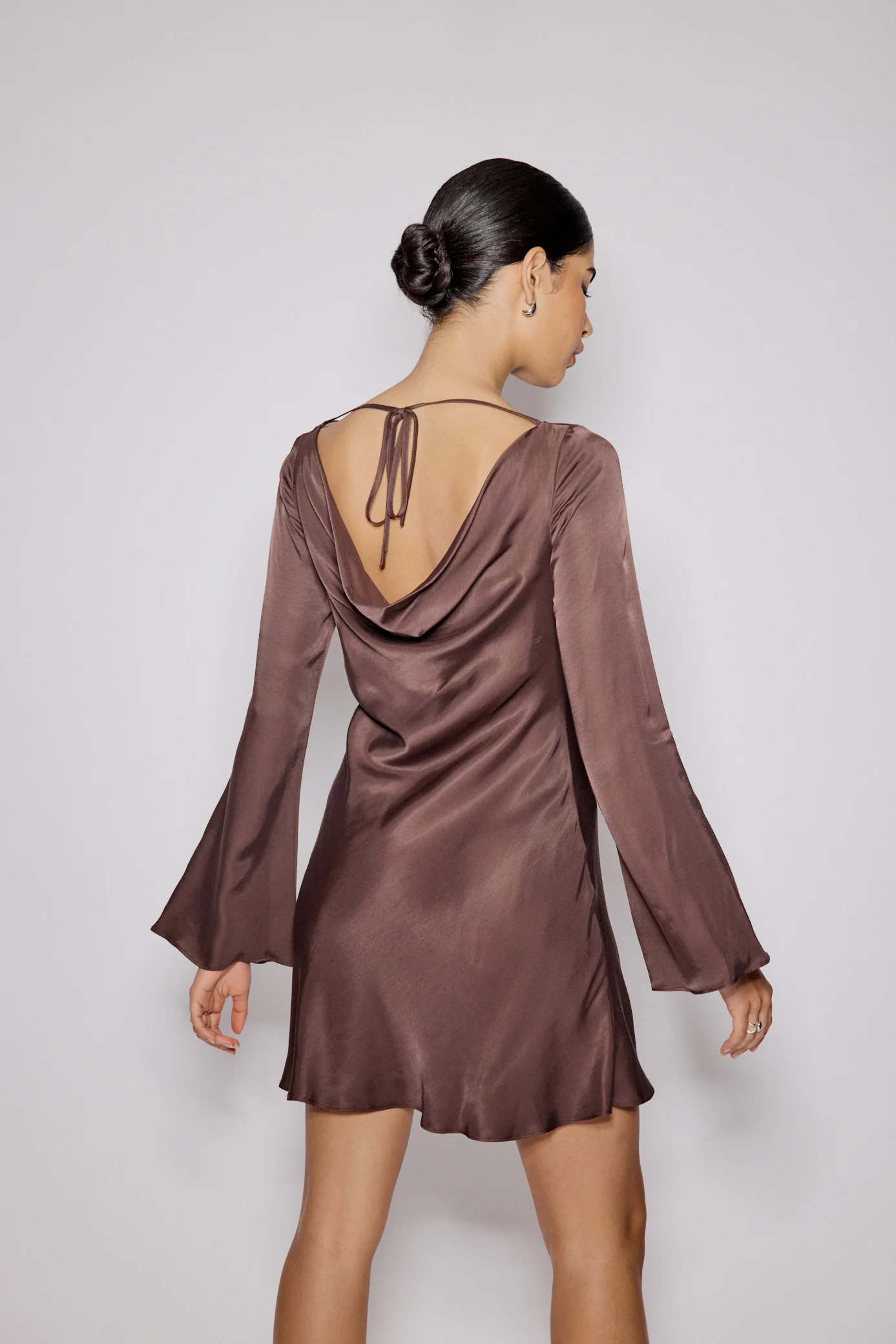 Brown Satin Cowl Neck Leighton Mini Dress - Image 5