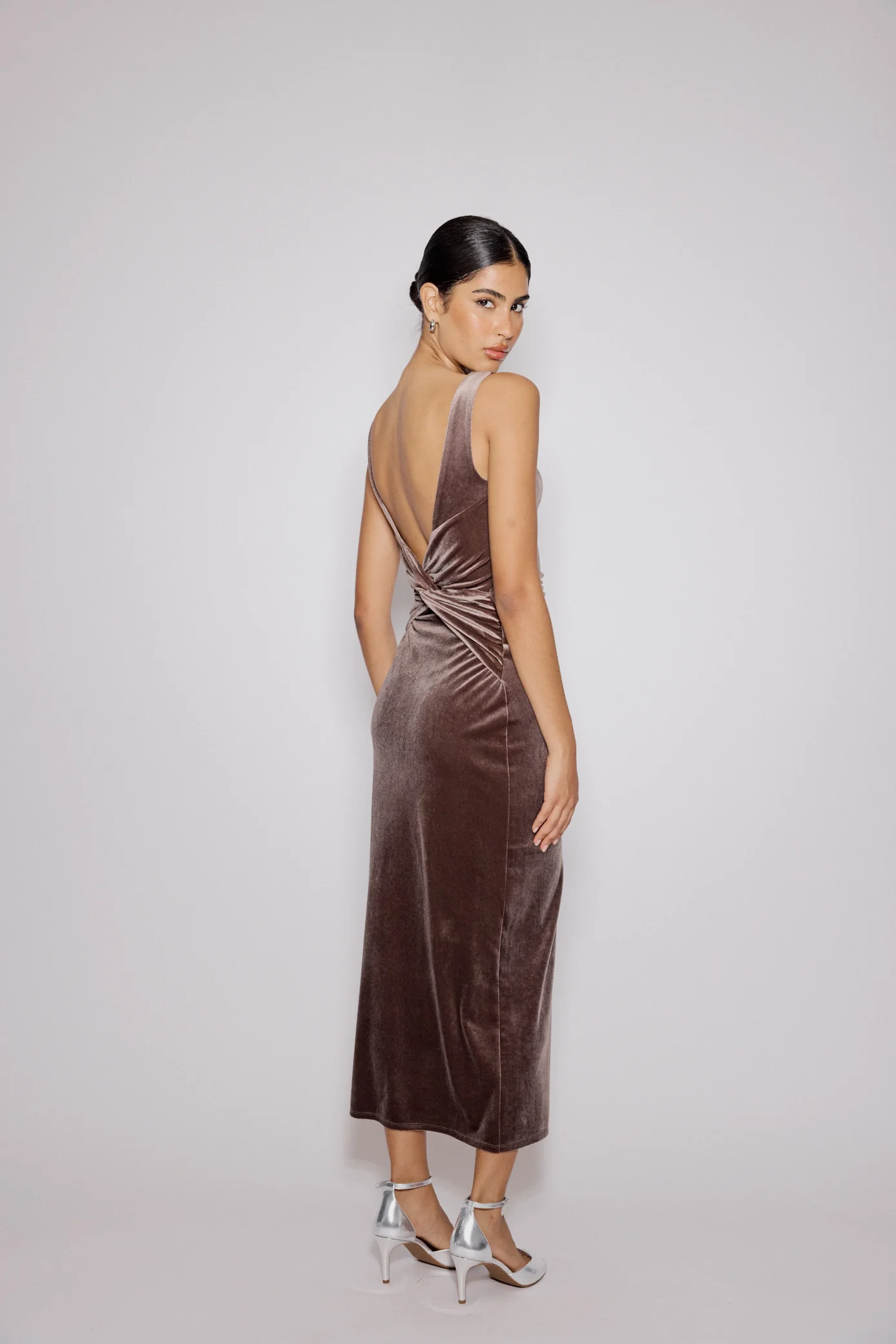 Brown Stretch Velvet Margot Midi Dress - Image 2