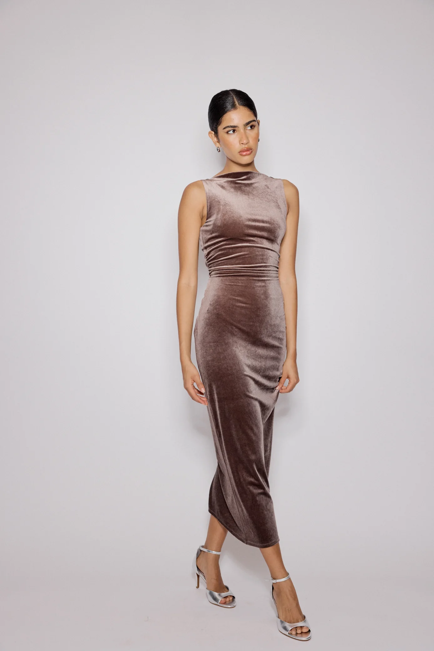 Brown Stretch Velvet Margot Midi Dress - Image 3