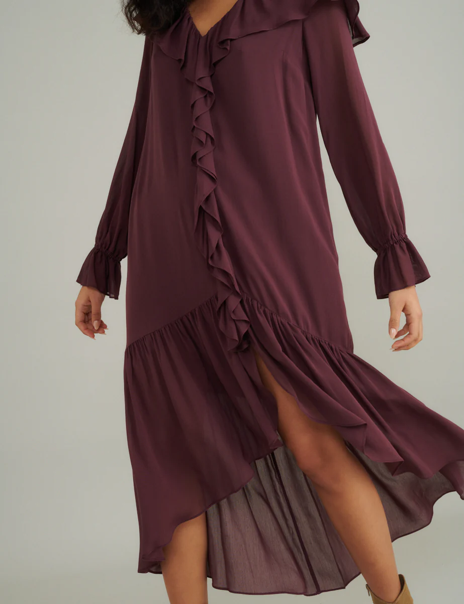 Burgundy Chiffon Ruffle Trim Koko Midi Smock Dress - Image 2