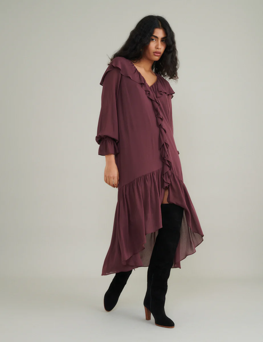 Burgundy Chiffon Ruffle Trim Koko Midi Smock Dress - Image 4