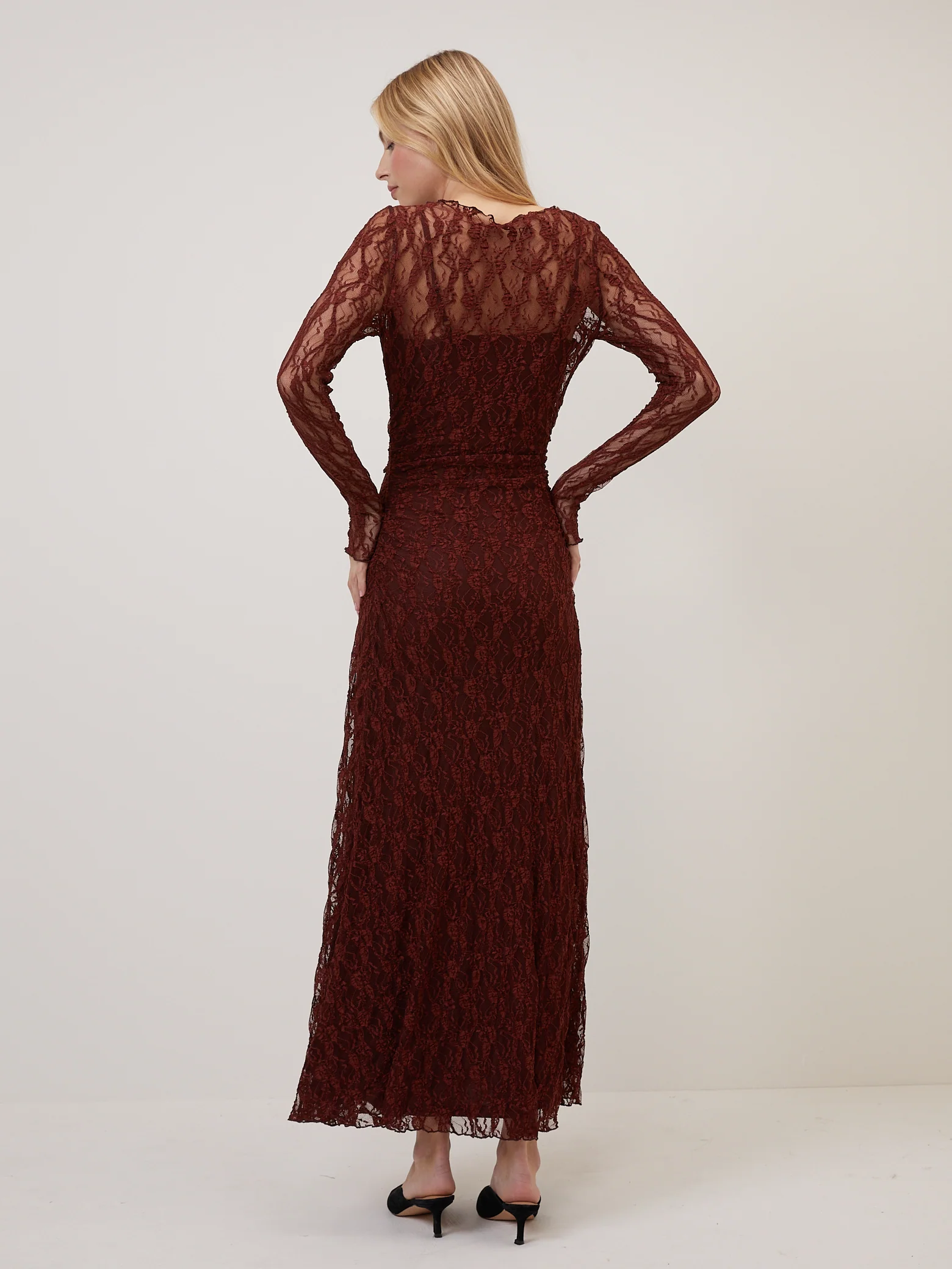 Burgundy Lace Mallory Long Sleeve Midi Dress - Image 5