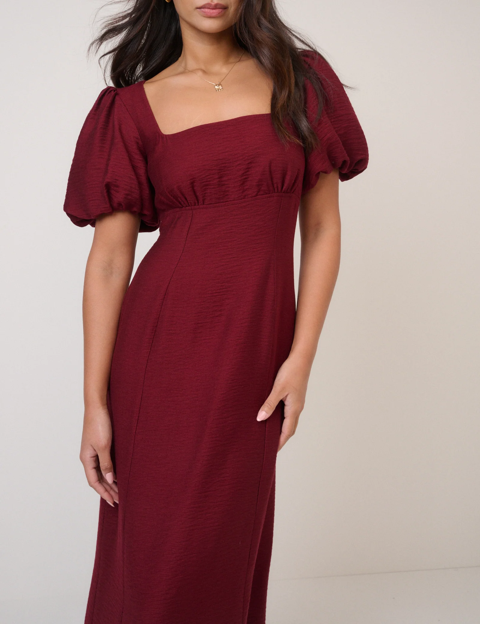 Burgundy Puff Sleeve Pax Midi Dress - Image 3