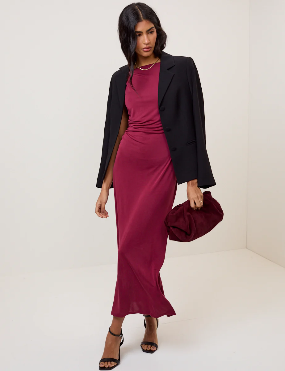 Burgundy Twist Shoulder Bethany Jersey Midi Dress - Image 3
