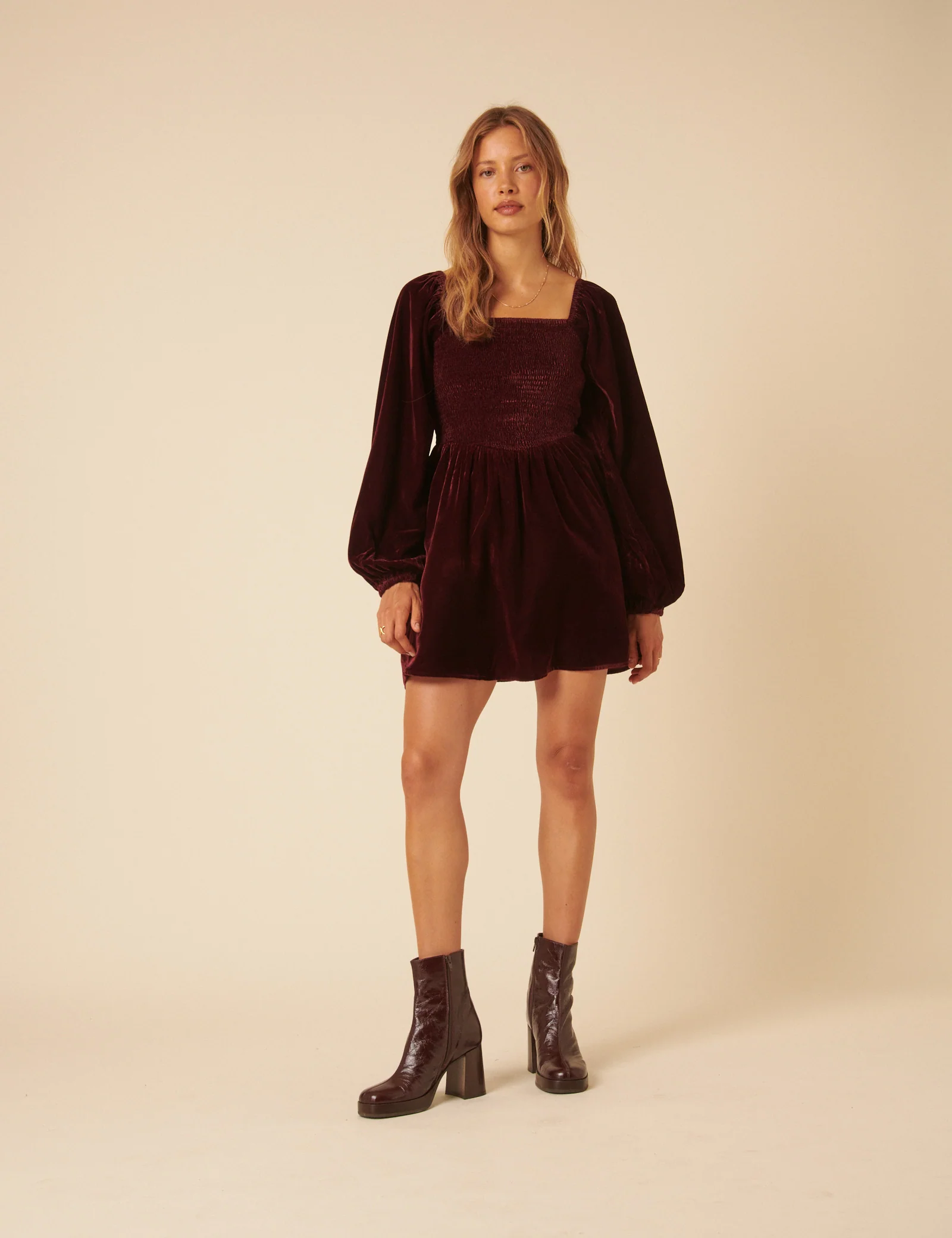 Burgundy Velvet Balloon Sleeve Jupiter Mini Dress - Image 3