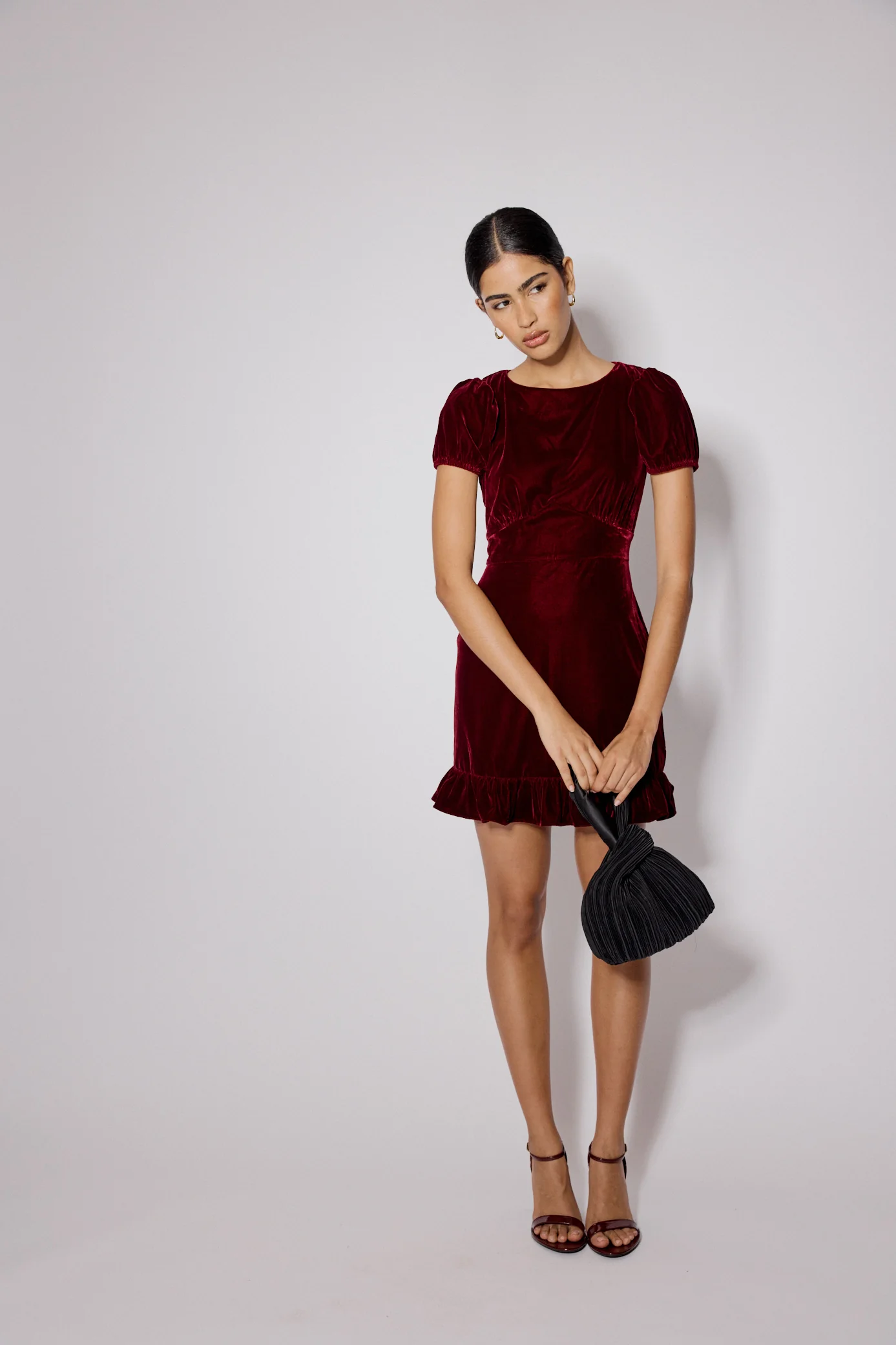 Burgundy Velvet Frill Hem Cosmo Mini Dress - Image 2
