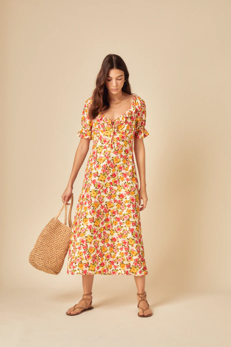 Cream Floral Print Rye Midi Dress - Image 3