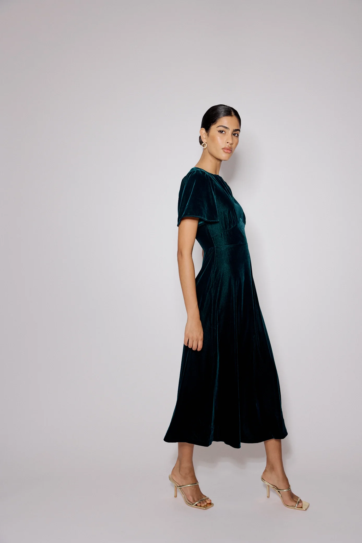Dark Green Velvet A-Line Allegra Midi Dress - Image 2