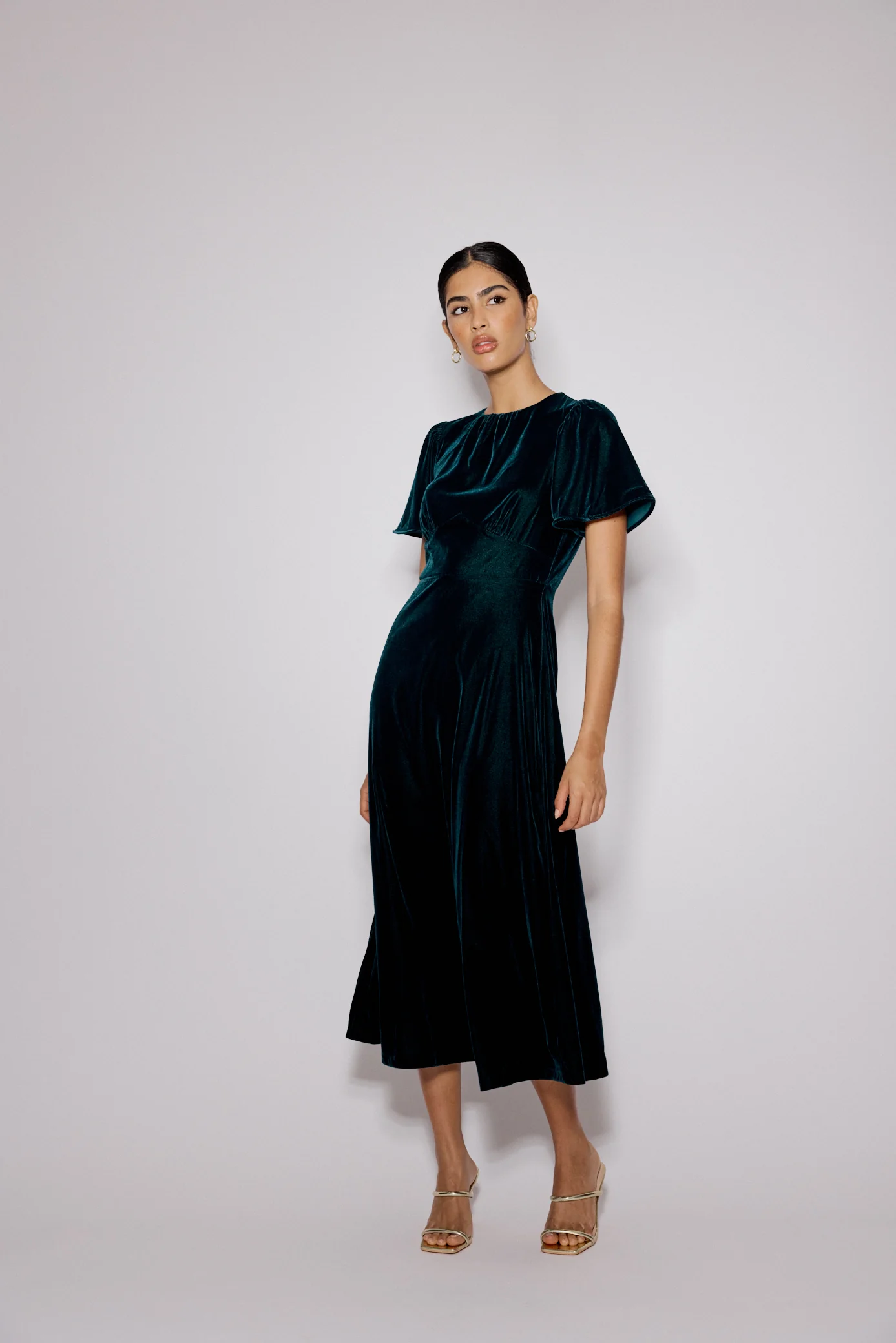 Dark Green Velvet A-Line Allegra Midi Dress - Image 3
