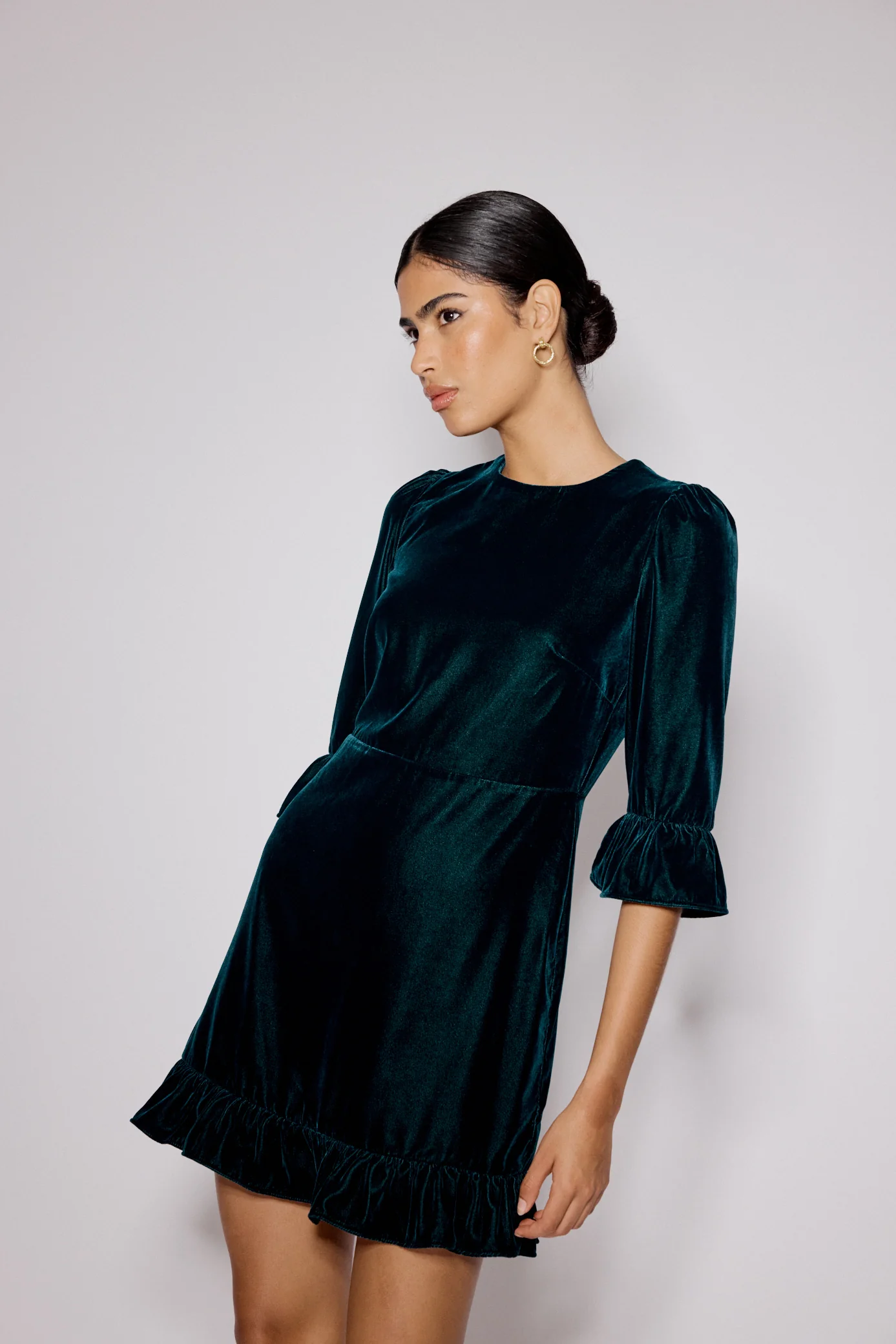 Dark Green Velvet Fleur Mini Dress - Image 4