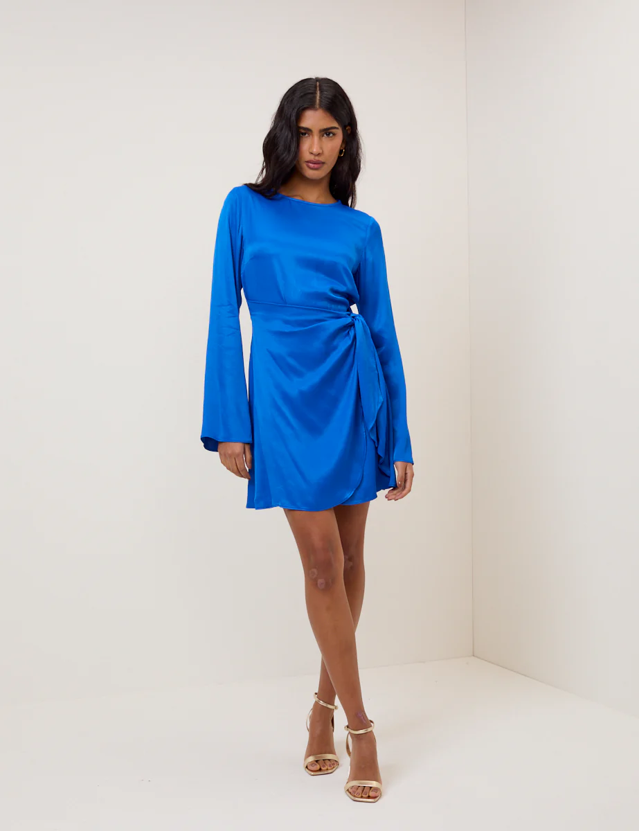 Electric Blue Satin Bow Tie Blair Mini Dress - Image 3
