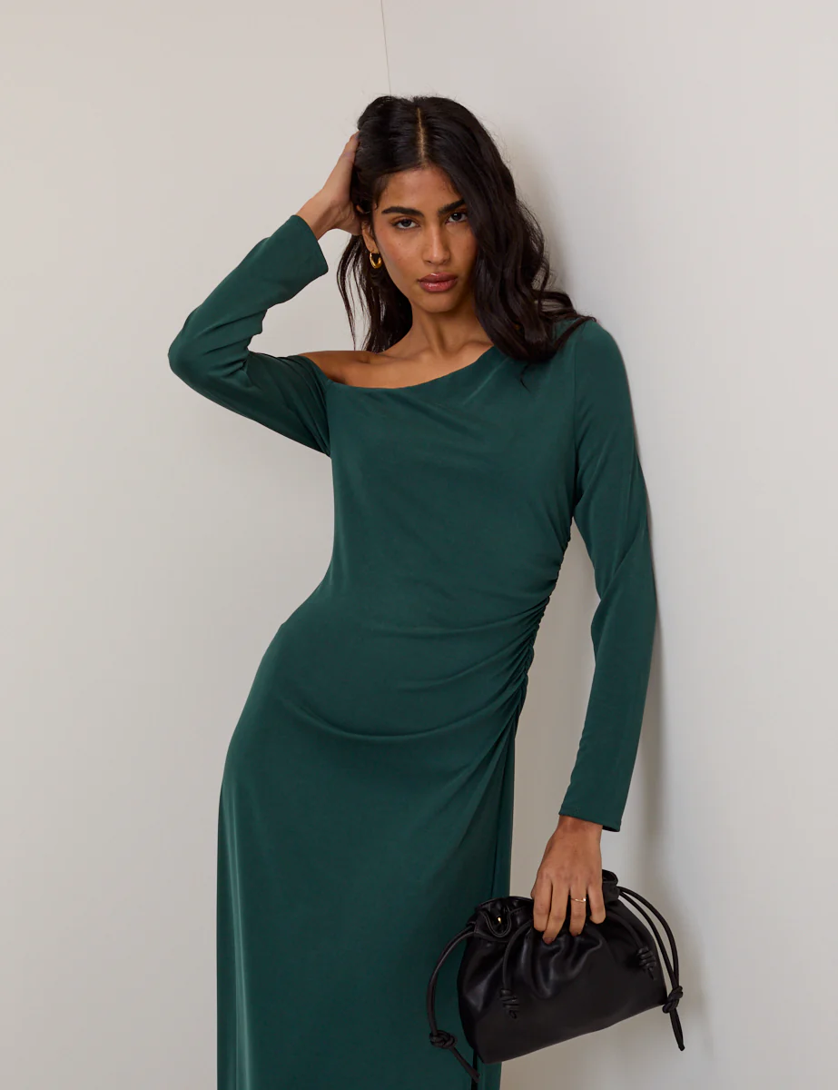 Green Asymmetric Long Sleeve Jersey Bethany Midi Dress - Image 4