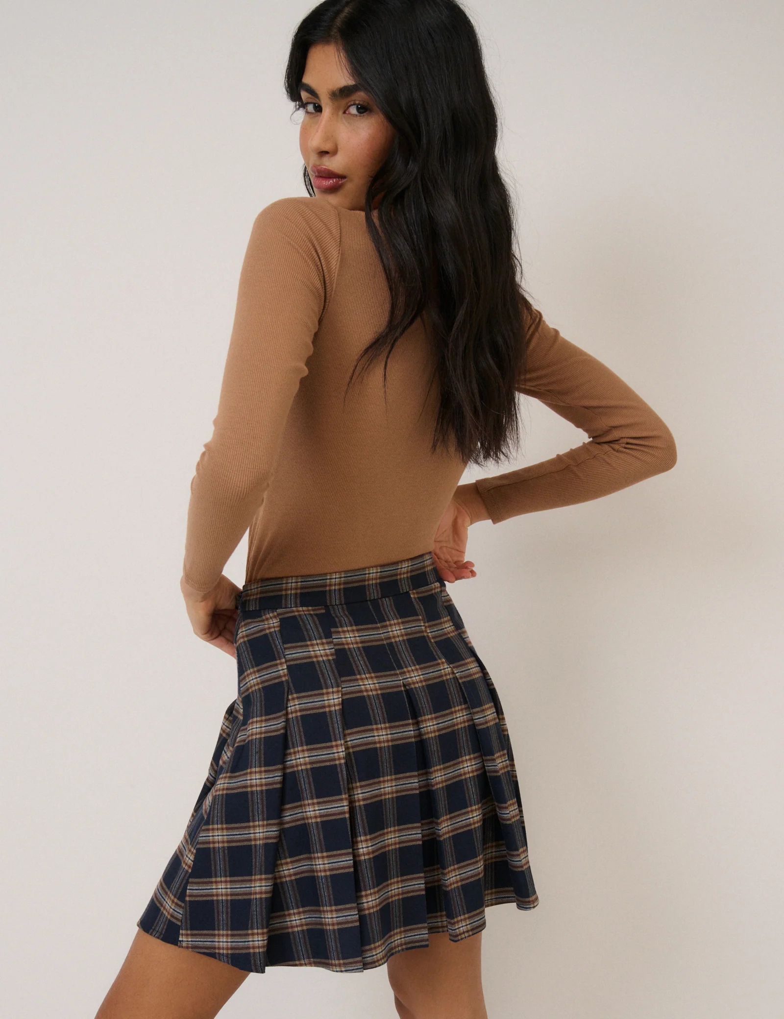 Navy Tartan Check Pleated Mini Skirt - Image 4